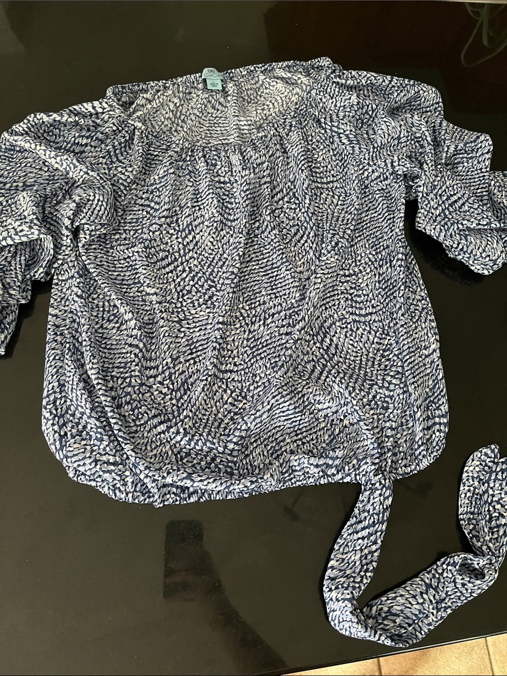 CeCe Navy and White Printed Tie-Front Blouse
